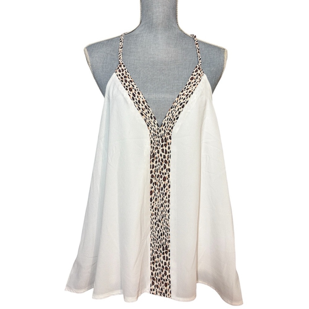 White Cami Lined V Neck Tank with Leopard Cheetah Accents